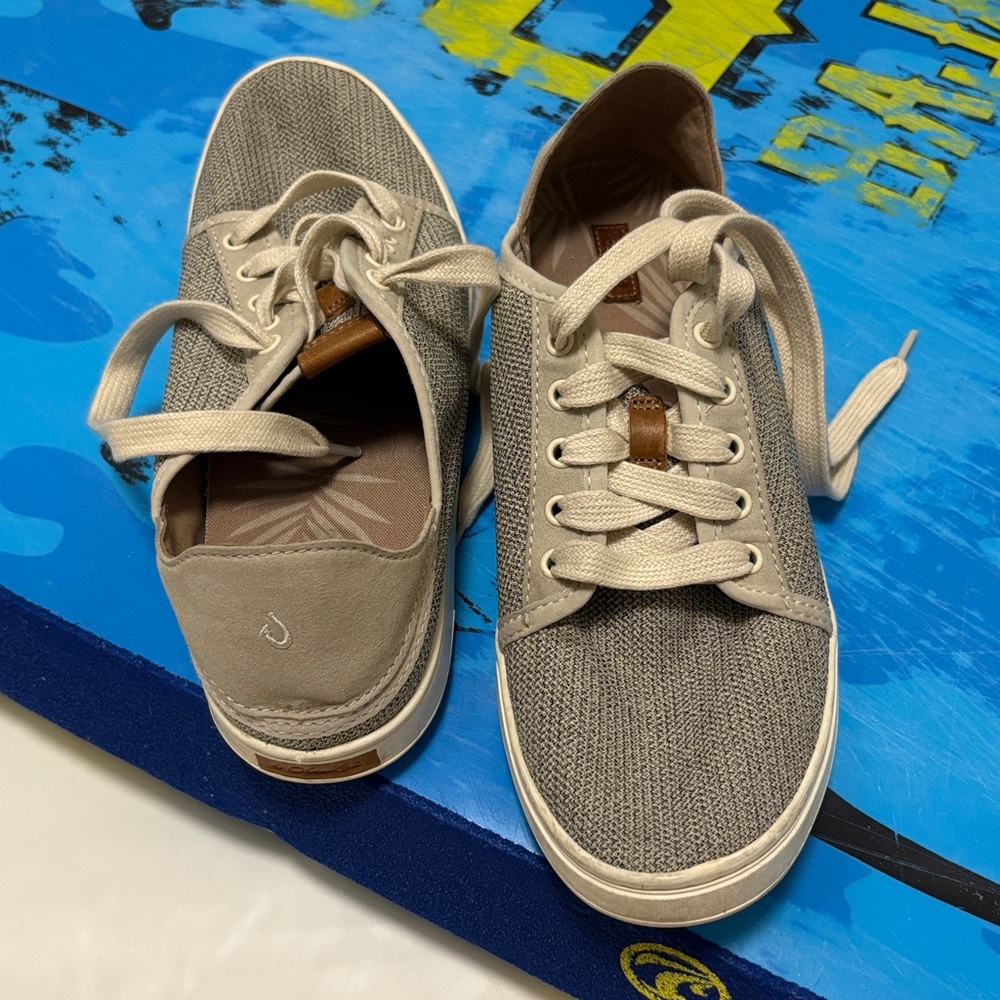 🌴 OluKai Pehuea Li Taupe Cream Knit Mesh Lace-Up Slip-On Sneaker 9.5